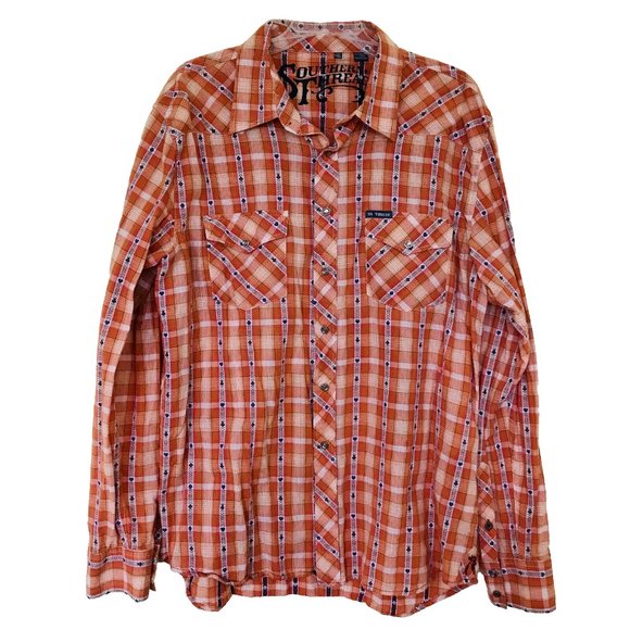 Southern Thread Orange Poker Plaid Western Pearl Snap Shirt - Picture 1 of 6